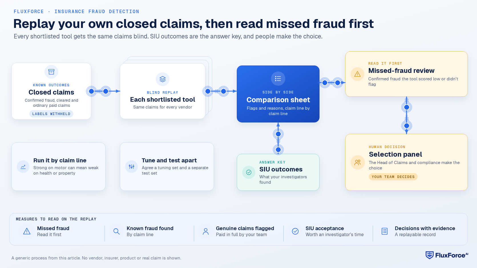 Evaluation diagram: closed claims go to each shortlisted tool for a blind replay; the tools' flags and the SIU outcomes go to a comparison sheet, which feeds the missed-fraud review and then the selection panel where the Head of Claims and compliance choose.