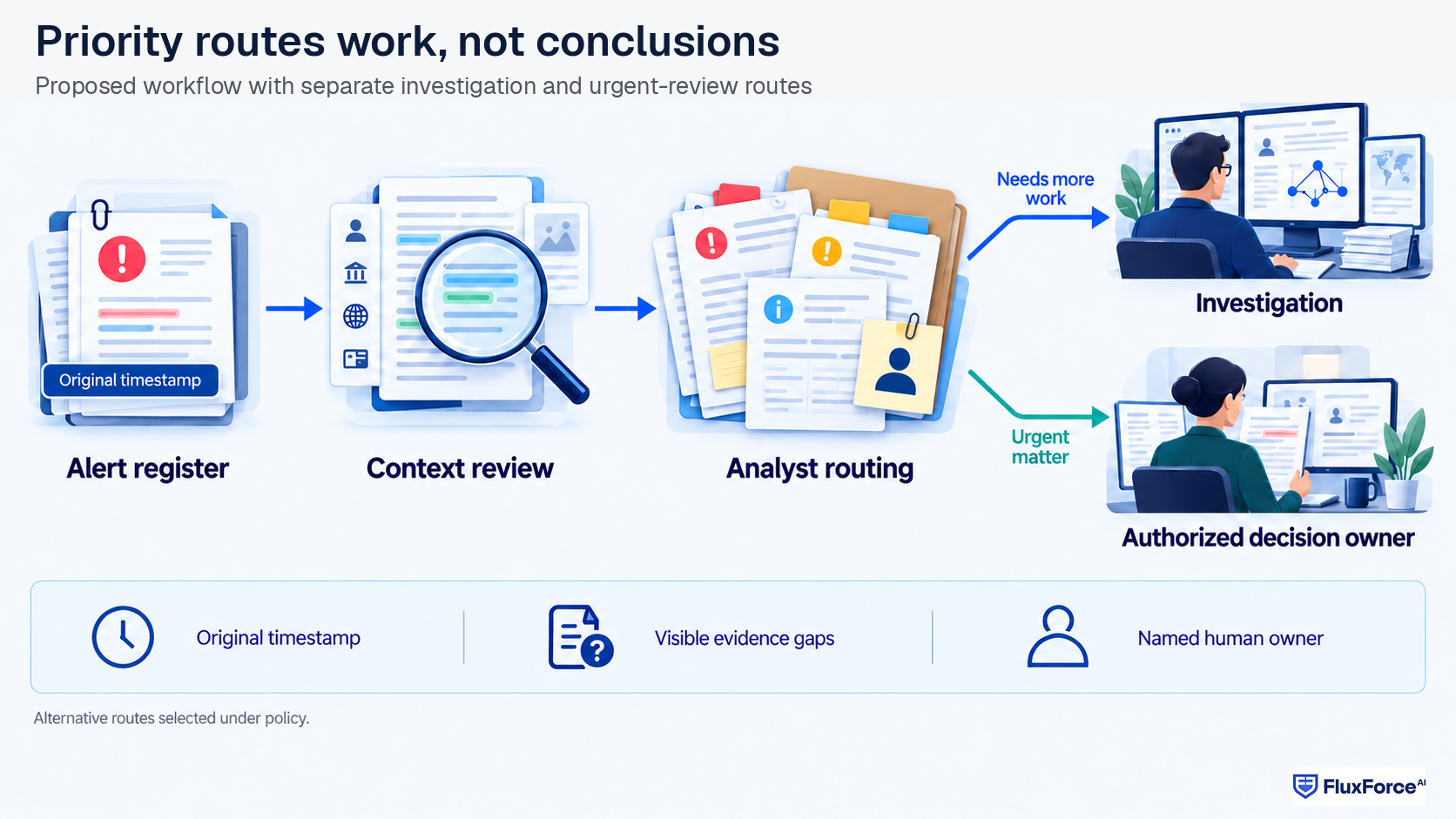 An alert register feeds context review and analyst routing, which branches to investigation or an authorized decision owner.