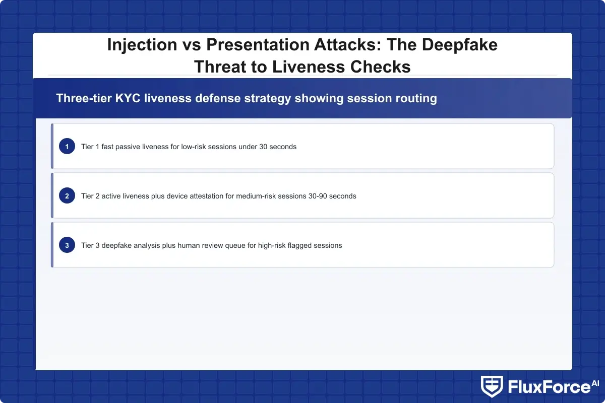 Three-tier KYC liveness defense strategy showing session routing: Tier 1 fast passive liveness for low-risk sessions under 30 seconds, Tier 2 active liveness plus device attestation for medium-risk sessions 30-90 seconds, Tier 3 deepfake analysis plus human review queue for high-risk flagged sessions
