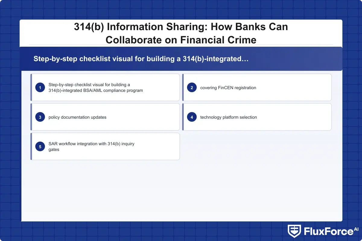 Step-by-step checklist visual for building a 314(b)-integrated BSA/AML compliance program, covering FinCEN registration, policy documentation updates, technology platform selection, and SAR workflow integration with 314(b) inquiry gates