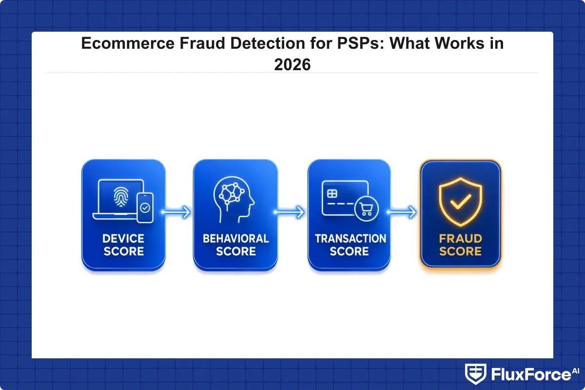 Three-layer AI fraud detection scoring flow: device, behavioral, transaction