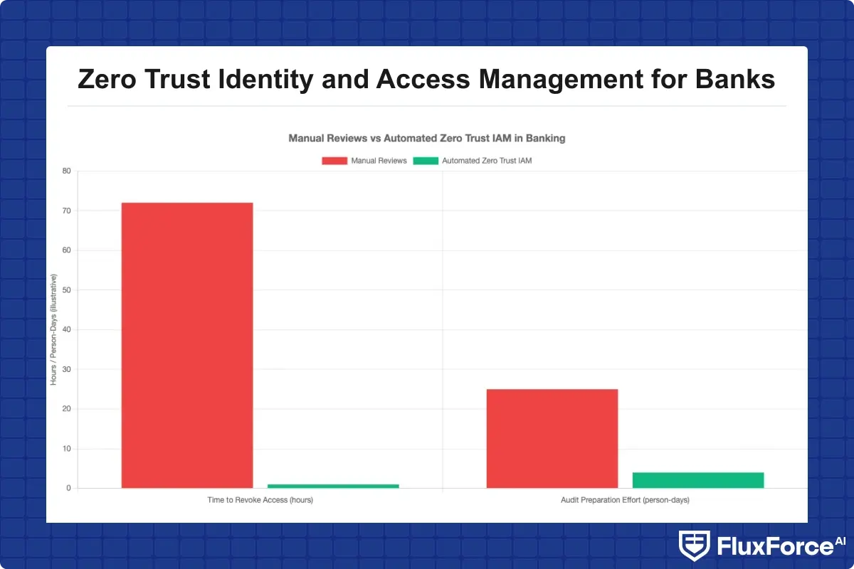 Comparison of time to revoke access and audit preparation effort between manual reviews and automated zero trust IAM