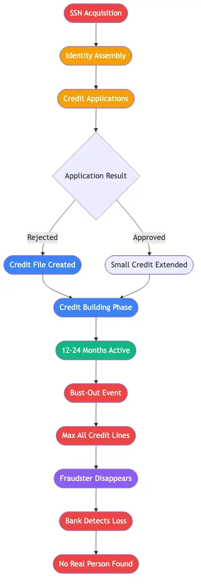 Flowchart showing synthetic identity fraud lifecycle: SSN acquisition to fabricated identity assembly to credit applications rejected with credit file created to credit building phase 12-24 months to bust-out event to bank detects loss too late