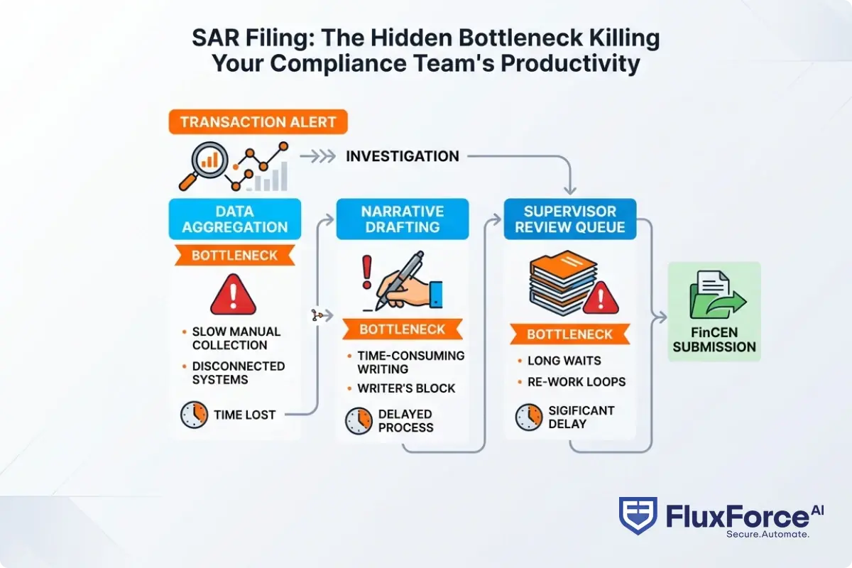 Flowchart of the SAR filing process from transaction monitoring alert generation through FinCEN submission, with bottleneck stages highlighted at data aggregation, narrative drafting, and supervisor review queue, showing where time is lost in a typical manual workflow