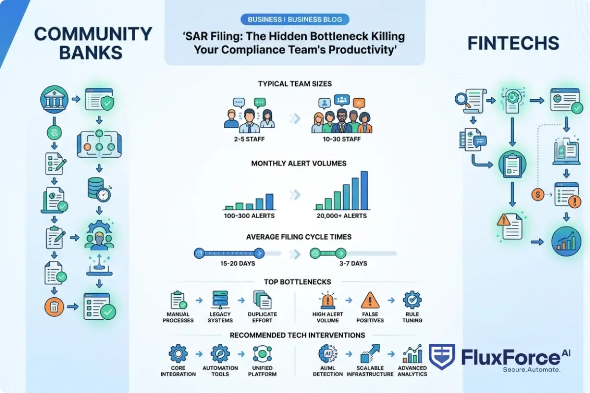 Side-by-side comparison of SAR filing workflows at community banks versus fintechs, showing typical team sizes, monthly alert volumes, average filing cycle times, top bottlenecks at each institution type, and recommended technology interventions for each