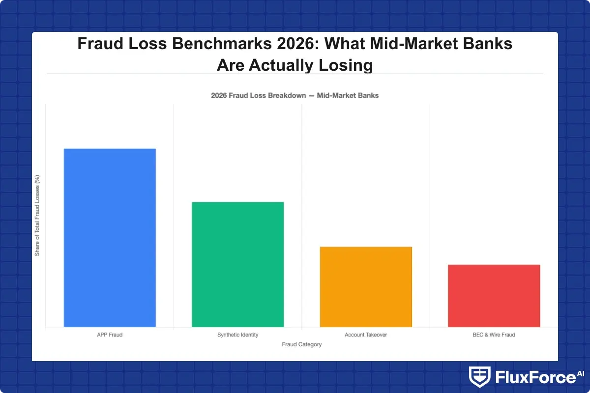 Bar chart showing 2026 fraud loss breakdown by category for mid-market banks: APP Fraud 40%, Synthetic Identity 28%, Account Takeover 18%, BEC and Wire Fraud 14%
