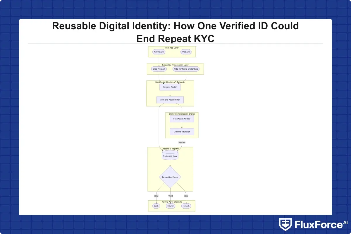 Architecture diagram showing enterprise reusable digital identity stack layers from top to bottom: user app layer, credential presentation layer using OIDC and W3C Verifiable Credentials protocol, identity verification API gateway, biometric verification engine with liveness detection module, credential registry with real-time revocation checks, and relying party integration points for bank, insurer, and fintech channels