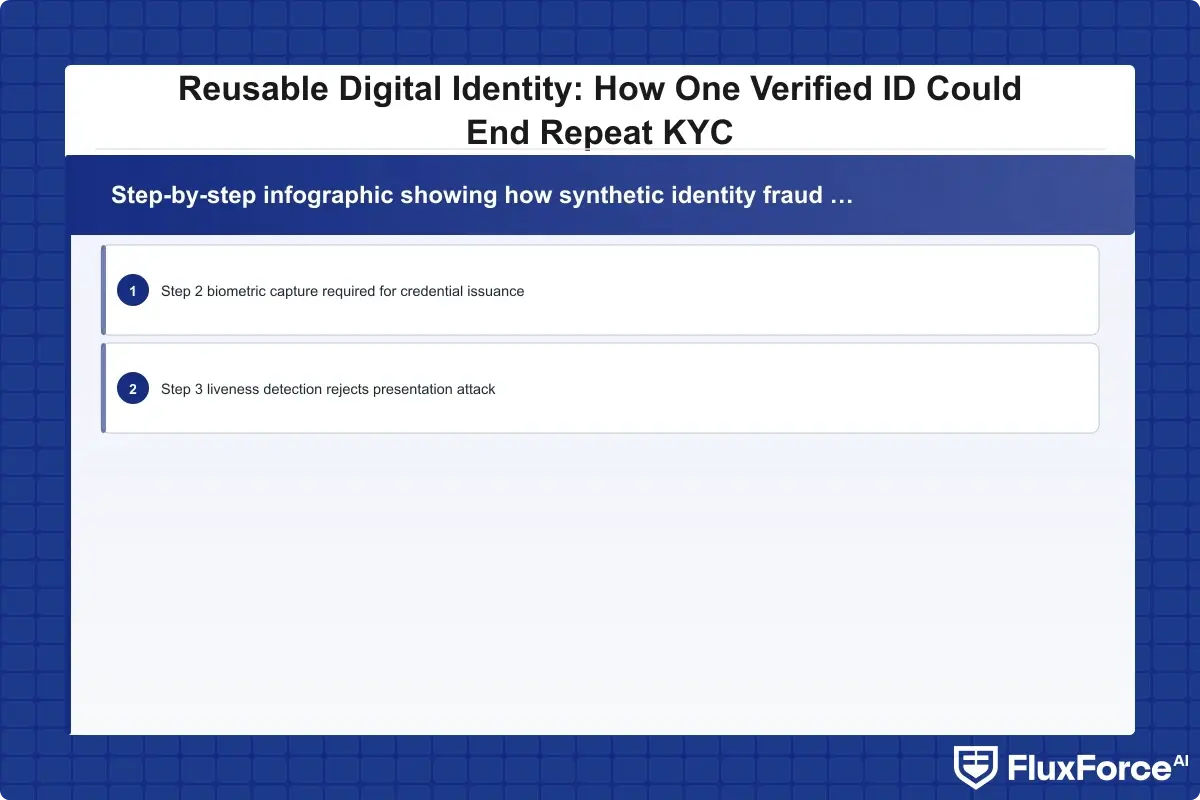 Step-by-step infographic showing how synthetic identity fraud is stopped under a reusable digital identity model: Step 1 fraudster attempts enrollment with fabricated identity data, Step 2 biometric capture required for credential issuance, Step 3 liveness detection rejects presentation attack, Step 4 credential not issued and all downstream institutions remain protected automatically
