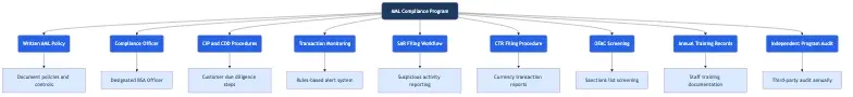 BSA/AML compliance checklist infographic with 9 key requirements, each with a visual icon: written AML policy, designated compliance officer, CIP and CDD procedures, transaction monitoring rules, SAR filing workflow, CTR filing procedure, OFAC screening, annual training records, independent program audit