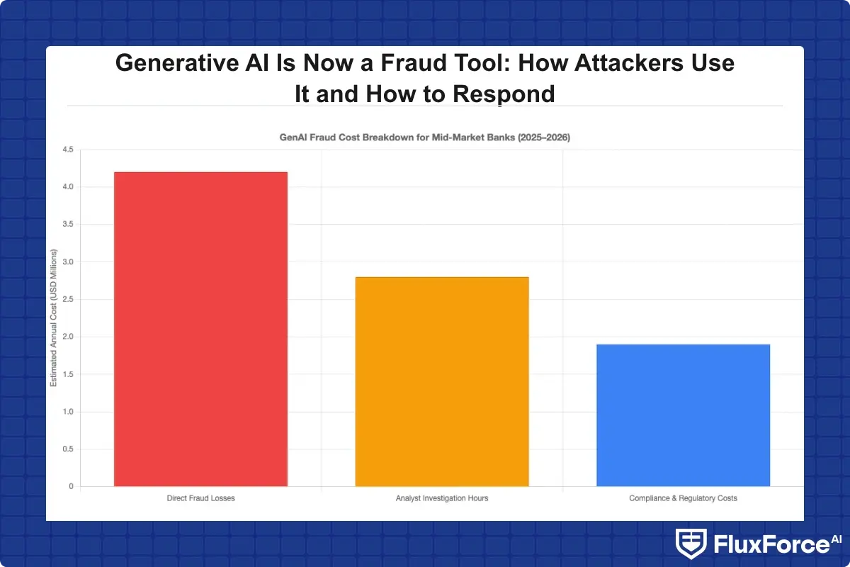 Bar chart comparing three cost categories for mid-market banks facing generative AI fraud in 2025-2026: direct fraud losses, analyst investigation hours converted to cost, and compliance remediation and regulatory reporting costs