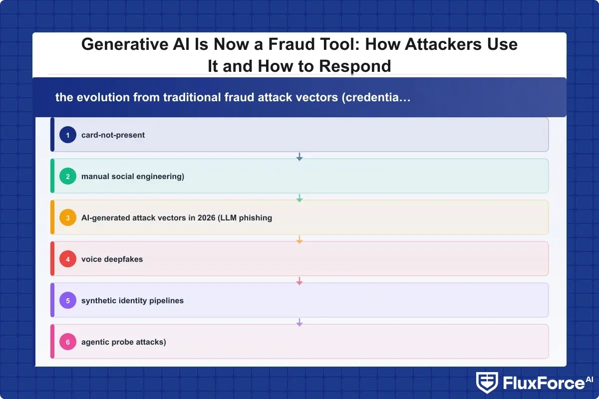 Flowchart showing the evolution from traditional fraud attack vectors (credential theft, card-not-present, manual social engineering) to AI-generated attack vectors in 2026 (LLM phishing, voice deepfakes, synthetic identity pipelines, agentic probe attacks)