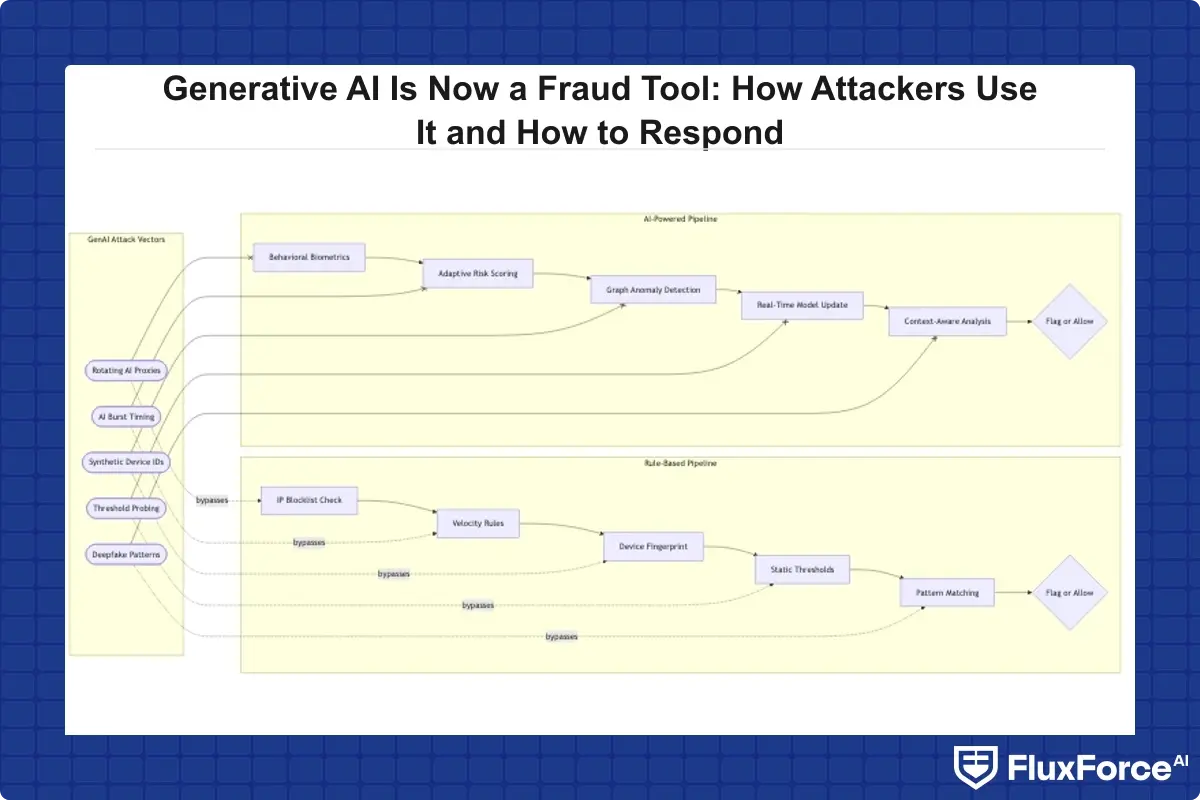 Side-by-side process flowchart comparing a rule-based fraud detection pipeline with an AI-powered adaptive detection pipeline, with annotations showing where generative AI attacks successfully bypass each rule-based stage
