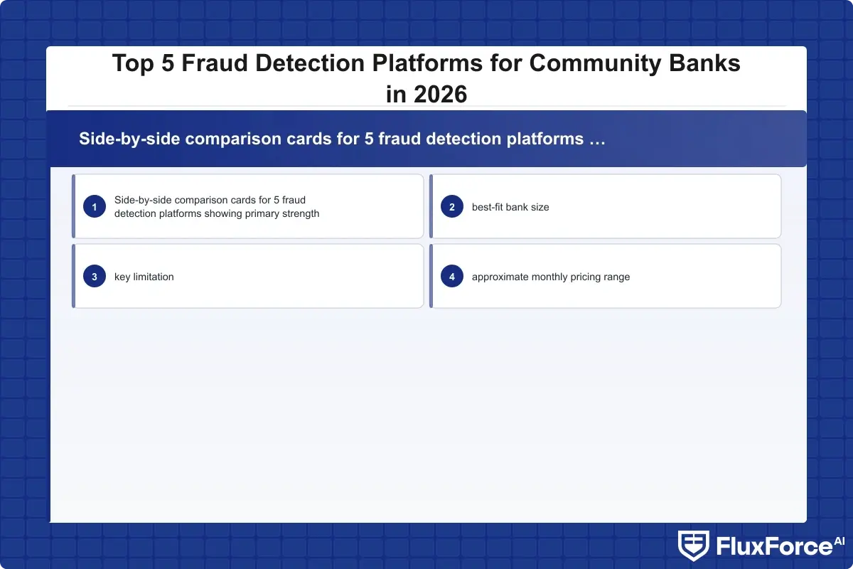 Side-by-side comparison cards for 5 fraud detection platforms showing primary strength, best-fit bank size, key limitation, and approximate monthly pricing range