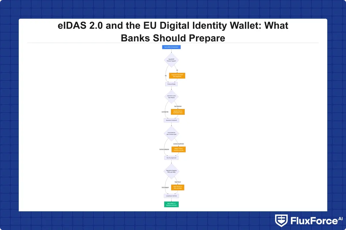 Decision tree flowchart for bank eIDAS 2.0 readiness assessment covering four evaluation branches: OpenID4VP protocol support check, assurance level gap analysis, fraud defense and liveness detection audit, and regulatory mapping across PSD2 and DORA, with pass and remediation paths at each decision point
