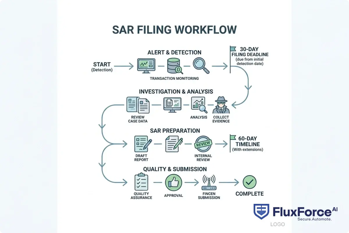 SAR filing workflow from transaction detection through investigation, quality review, and FinCEN submission, with 30-day and 60-day timeline deadline markers