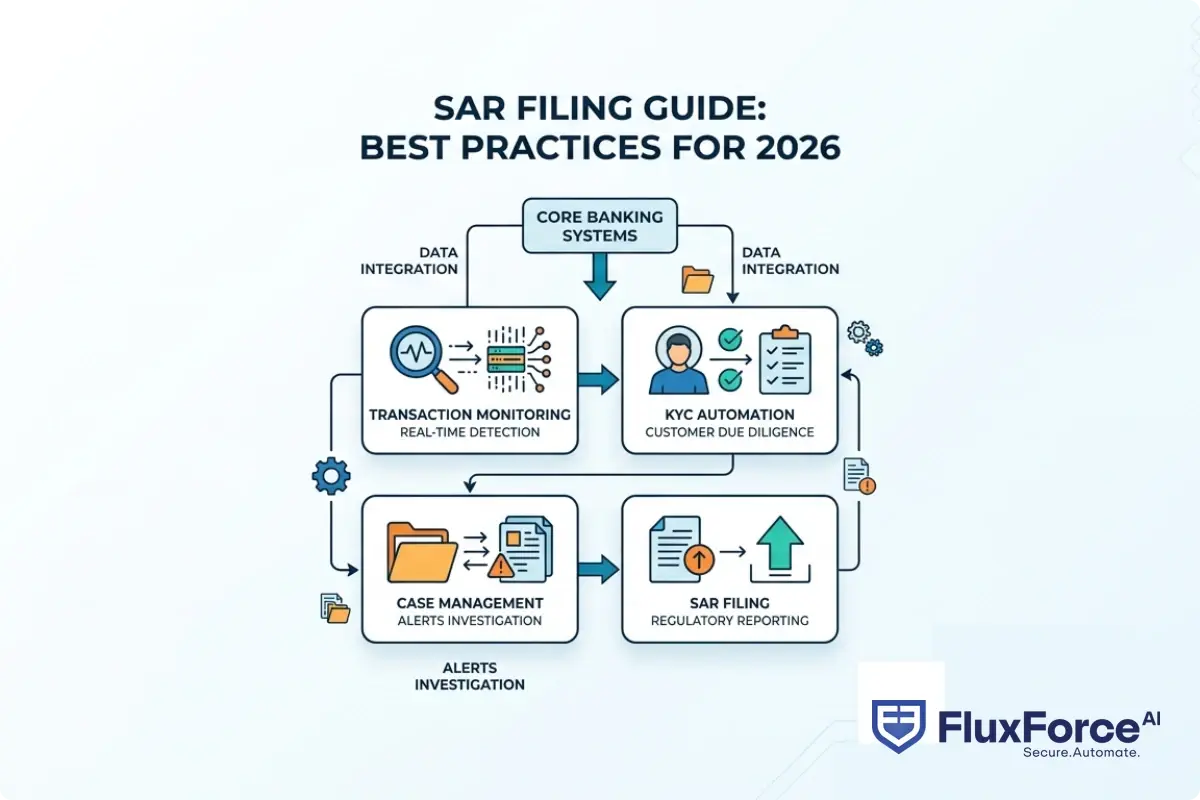 AML compliance software architecture showing transaction monitoring, case management, KYC automation, and SAR filing modules with data integration points to core banking systems