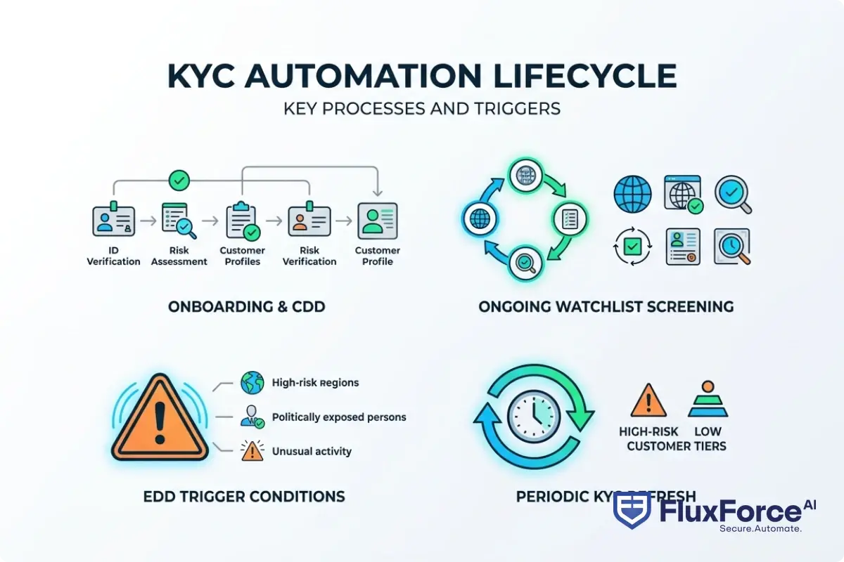 KYC automation lifecycle showing onboarding CDD steps, ongoing watchlist screening, EDD trigger conditions, and periodic KYC refresh cycle for high-risk customer tiers