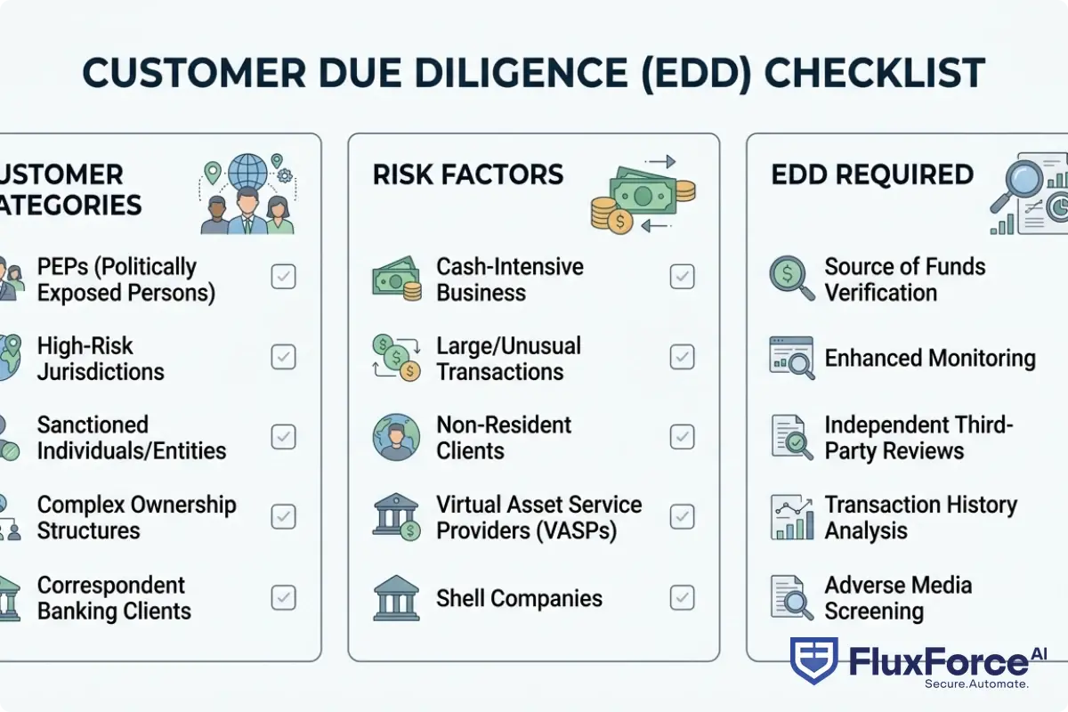 Checklist of customer types and risk factors that trigger enhanced due diligence EDD requirements, organized by customer category and risk level
