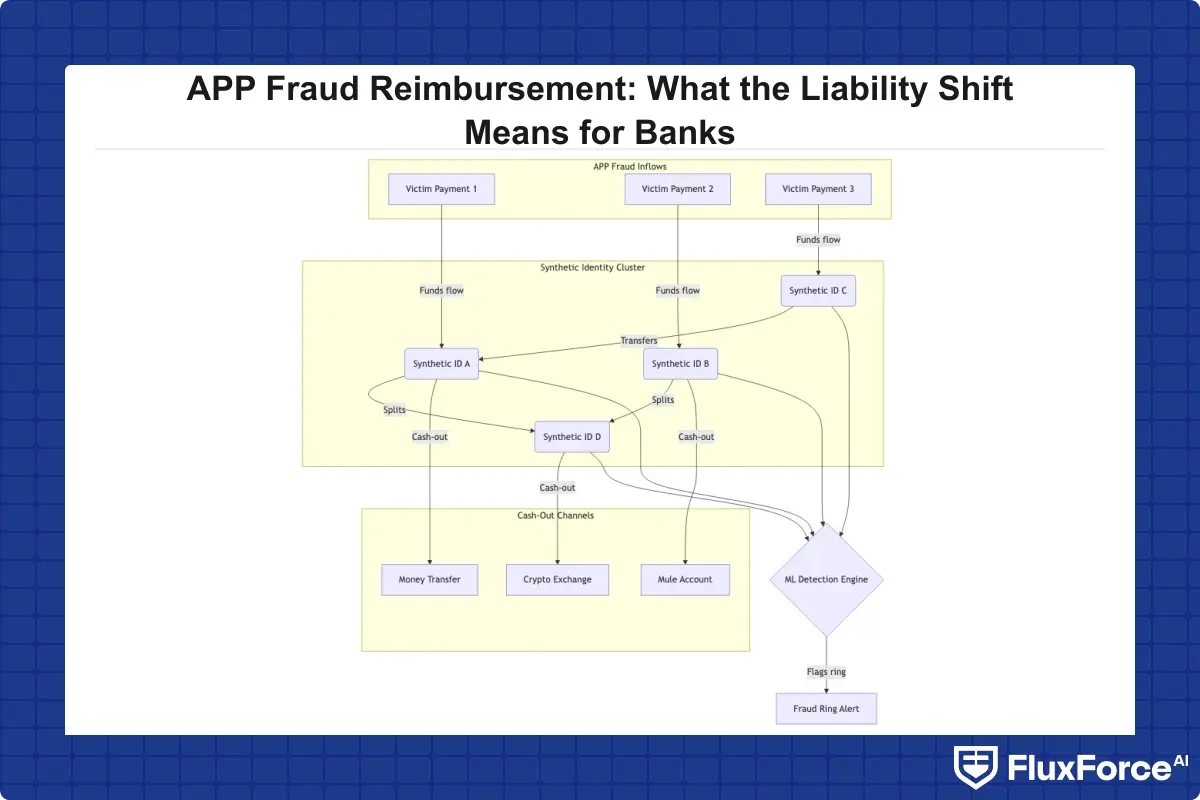 Network graph diagram showing synthetic identity mule cluster detection: ML maps payment flow connections between synthetic accounts receiving APP fraud proceeds and outbound cash-out patterns to surface coordinated fraud rings before activation