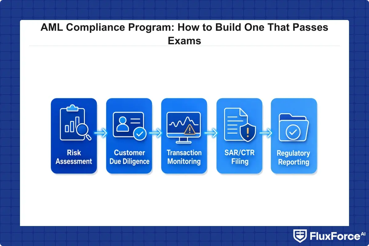 AML compliance program workflow from risk assessment through CDD/EDD, transaction monitoring, and SAR/CTR filing