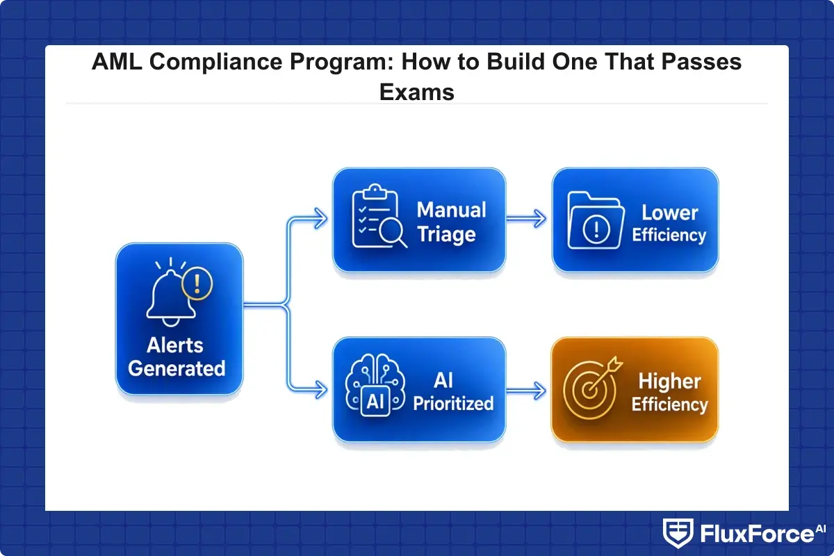 Decision tree comparing manual rule-based alert triage to AI-prioritized alert triage