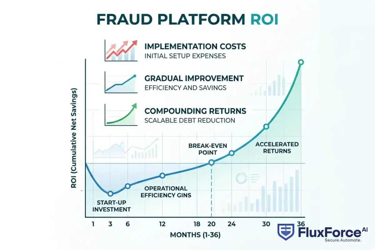 Line chart showing fraud platform investment ROI over 36 months: implementation cost increase in months 1-3, gradual improvement months 4-12, break-even at approximately month 20, compounding operational returns in months 24-36