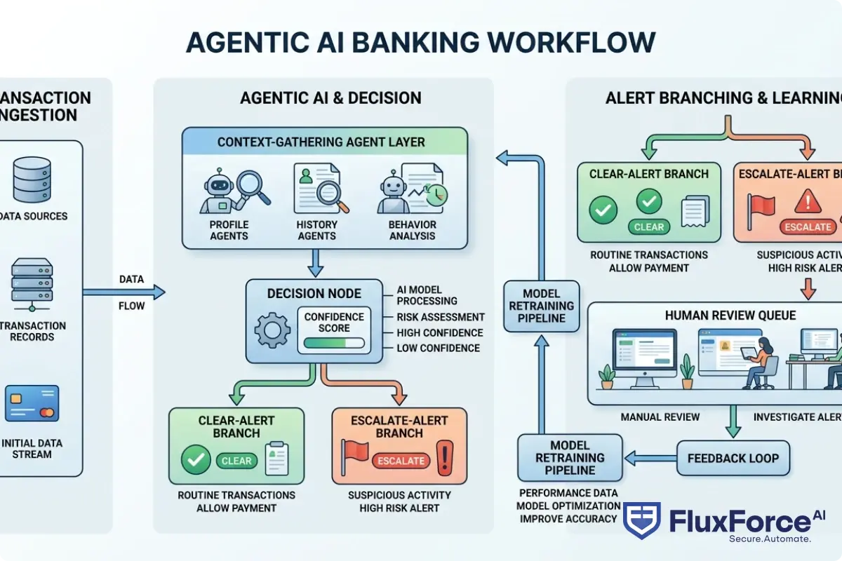 Agentic AI banking workflow architecture: transaction ingestion node, context-gathering agent layer, decision node with confidence score output, clear-alert branch and escalate-alert branch, human review queue, feedback loop back to model retraining pipeline