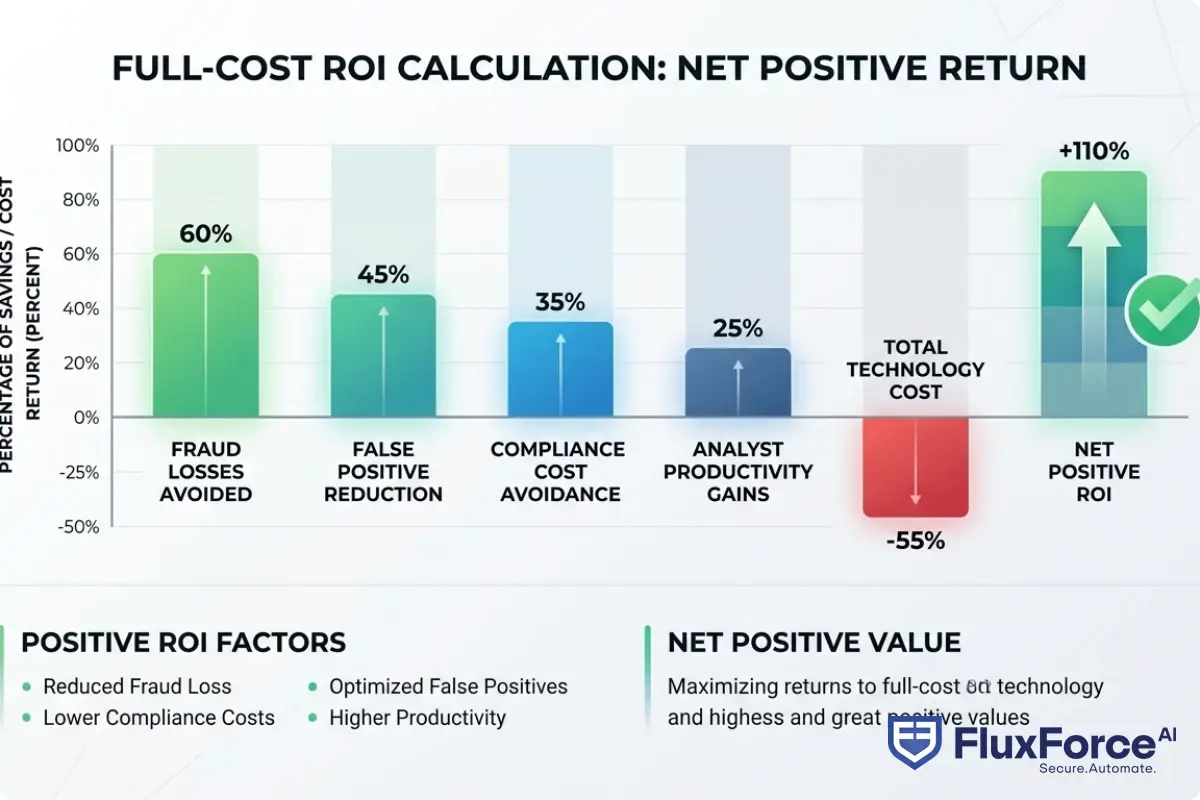 Bar chart comparing full-cost ROI calculation across five categories: fraud losses avoided, false positive reduction savings, compliance cost avoidance, analyst productivity gains, and total technology cost, showing net positive ROI when all five factors are counted together
