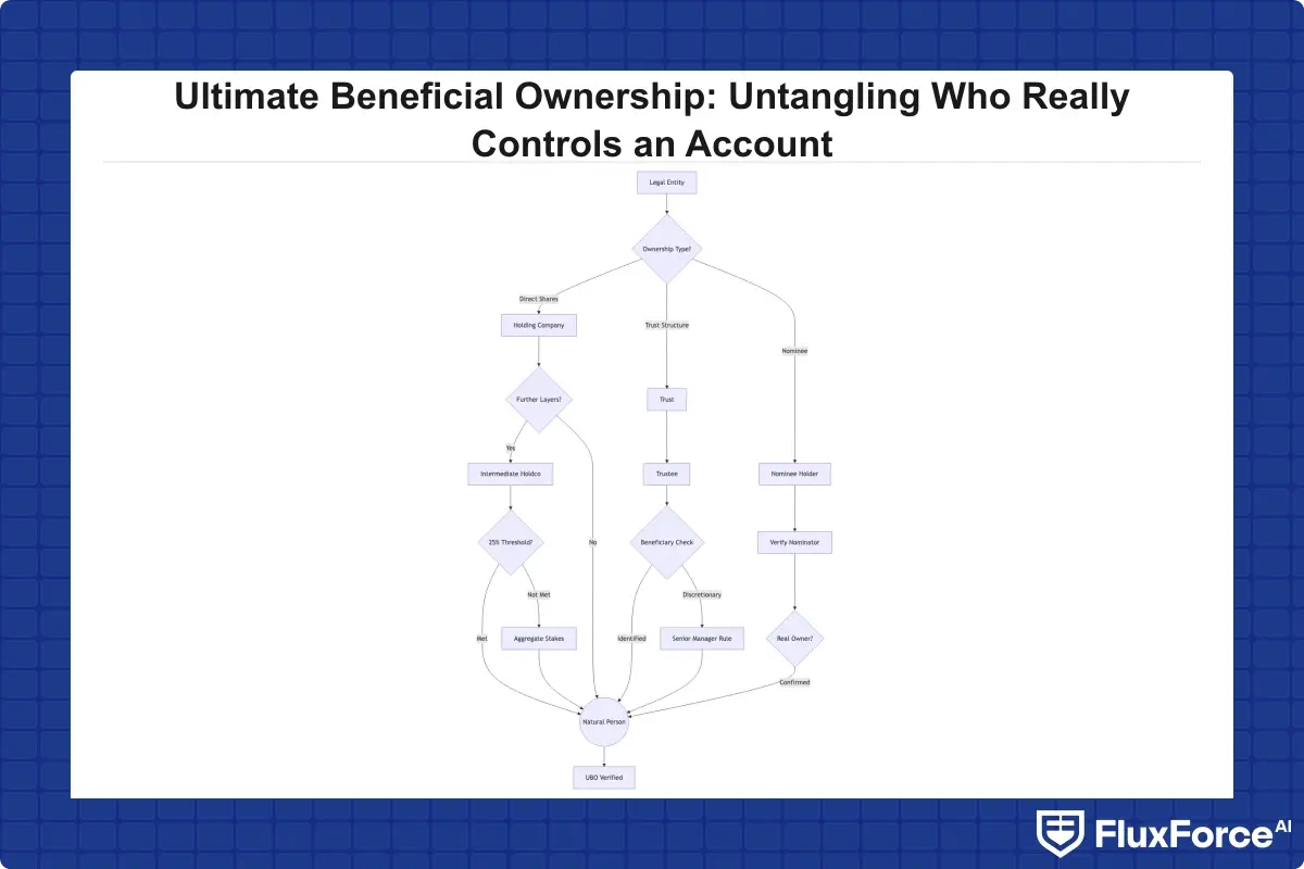 Flowchart showing how UBO identification traces from a legal entity through holding companies, trusts, and nominees to reach the natural person beneficial owner at the end of each ownership chain