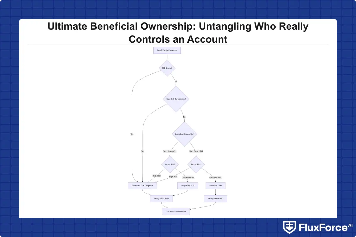 Decision tree for determining whether standard CDD or enhanced due diligence applies for a legal entity customer, branching on key risk factors including PEP status, jurisdiction risk, ownership complexity, and sector