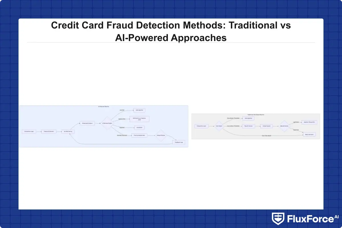 Overview flowchart comparing traditional rule-based fraud detection pipeline vs AI-powered fraud detection pipeline showing decision points, alert flow, and analyst touchpoints