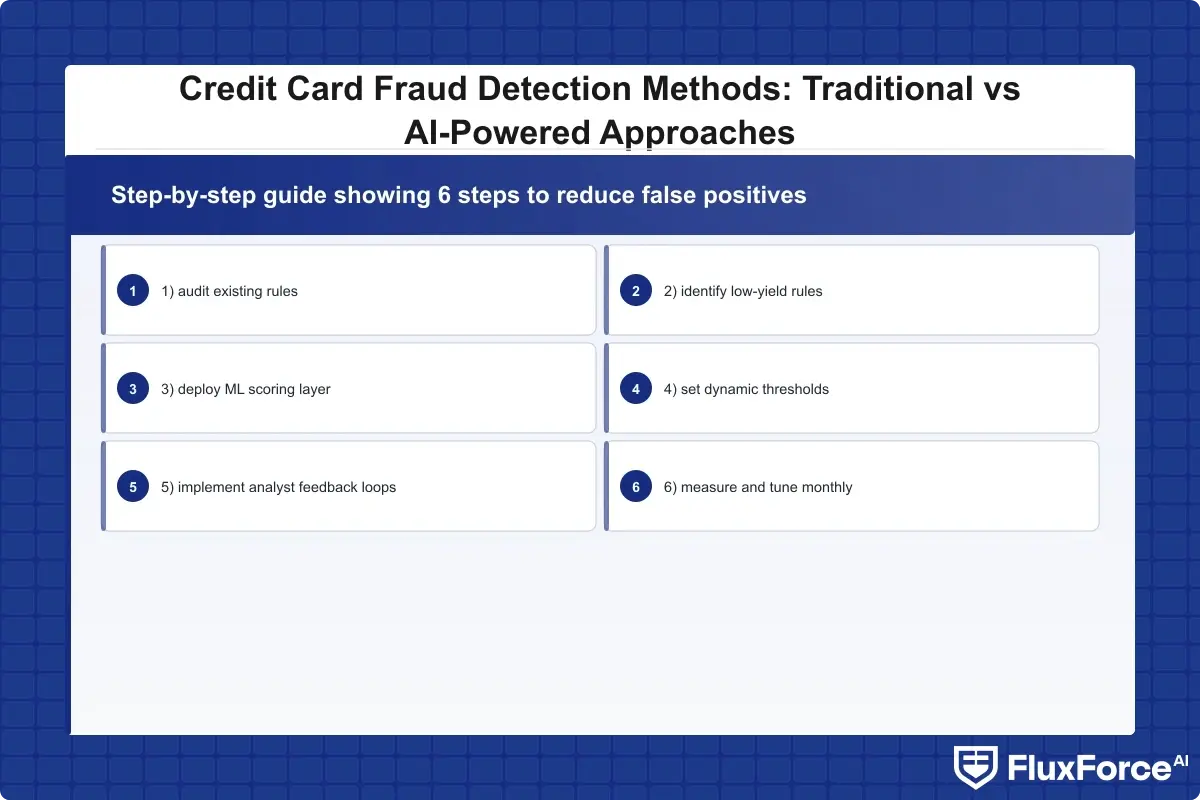 Step-by-step guide showing 6 steps to reduce false positives in transaction monitoring: 1) audit existing rules, 2) identify low-yield rules, 3) deploy ML scoring layer, 4) set dynamic thresholds, 5) implement analyst feedback loops, 6) measure and tune monthly