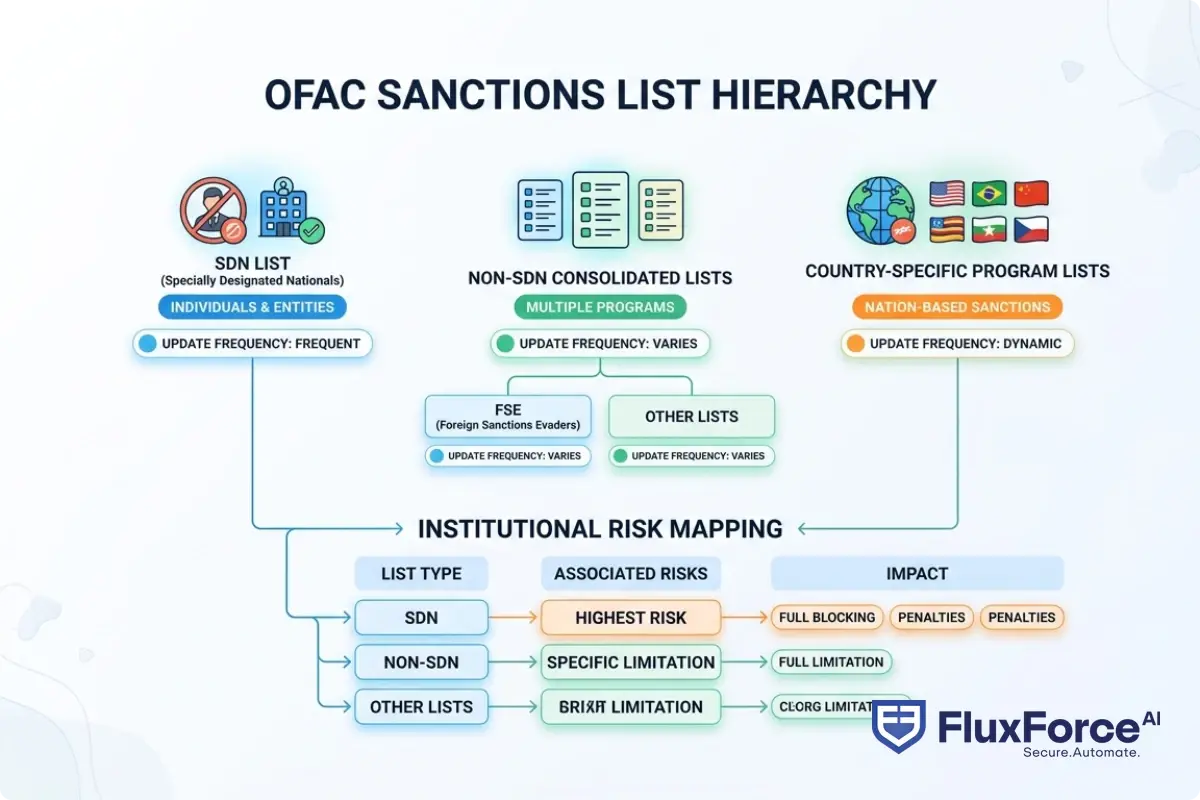 OFAC sanctions list hierarchy showing SDN, Non-SDN Consolidated, FSE, and country-specific program lists with update frequency indicators and institutional risk mapping
