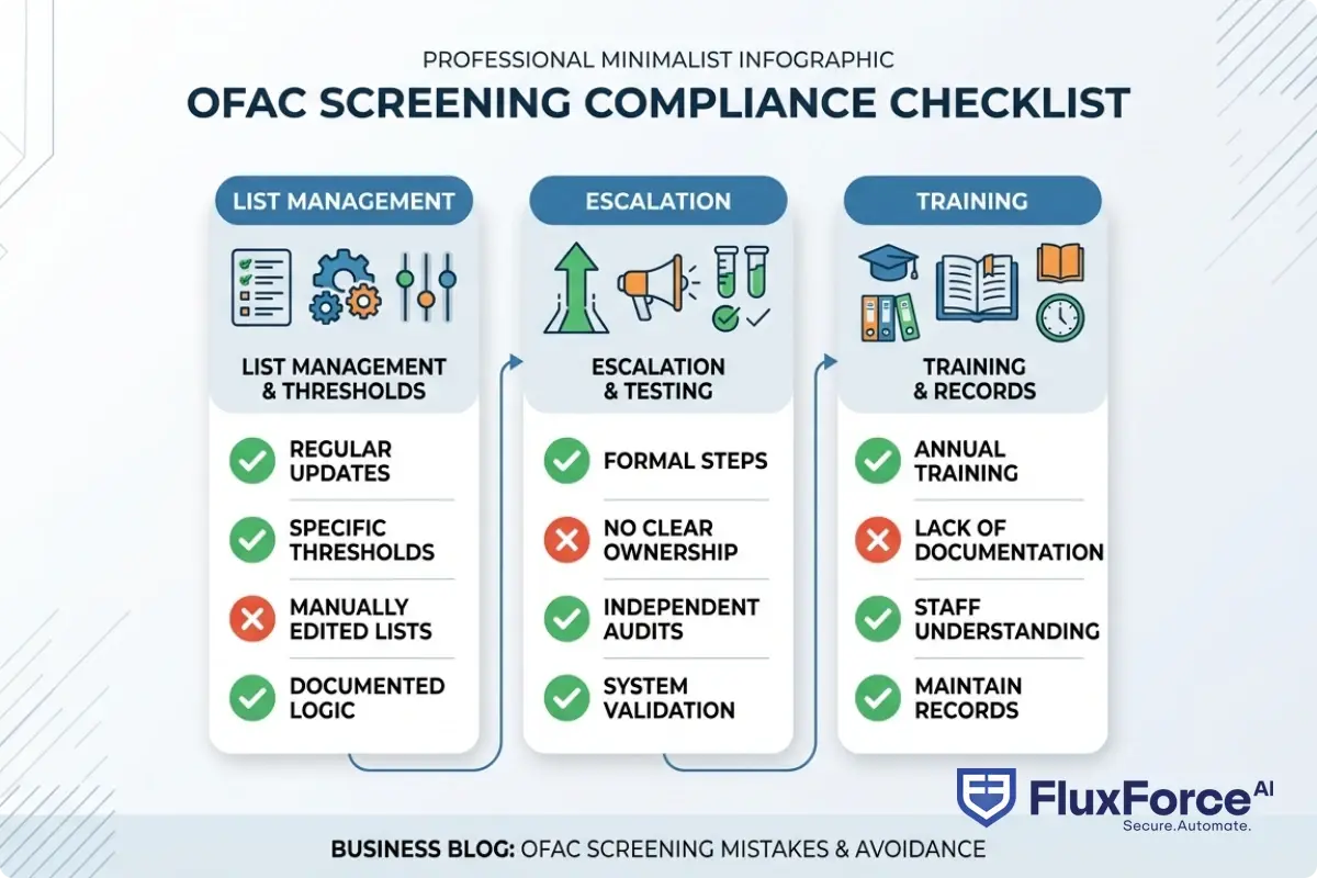 BSA/AML compliance checklist for OFAC screening programs covering list management, threshold documentation, escalation procedures, testing requirements, and training records with pass/fail criteria