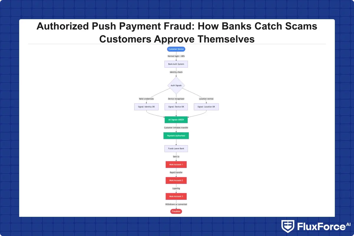 Flowchart showing how APP fraud bypasses traditional bank authorization controls: customer device authenticates normally, bank auth system shows all signals green, payment routes to fraudster mule account chain, rapid layering begins