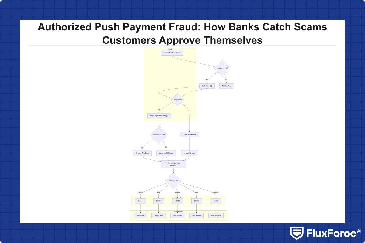 Decision tree for APP fraud scoring showing: session duration signal feeds into payee signals (new payee, account age), combined with behavioral baseline comparison, producing risk band assignment (Bands 1-5), then routing to intervention tier selection (auto-approve, soft friction, analyst hold, auto-block)