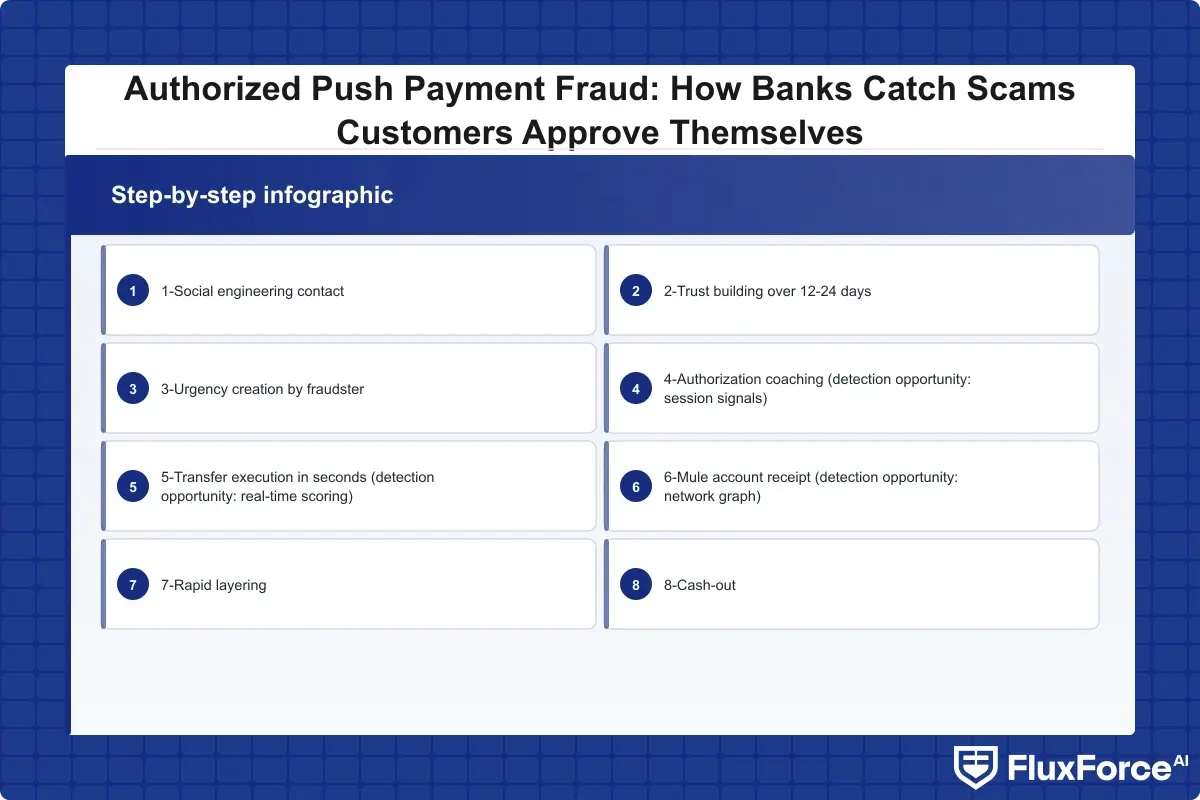 Step-by-step infographic of the complete APP fraud lifecycle with detection opportunity markers at each stage: 1-Social engineering contact, 2-Trust building over 12-24 days, 3-Urgency creation by fraudster, 4-Authorization coaching (detection opportunity: session signals), 5-Transfer execution in seconds (detection opportunity: real-time scoring), 6-Mule account receipt (detection opportunity: network graph), 7-Rapid layering, 8-Cash-out