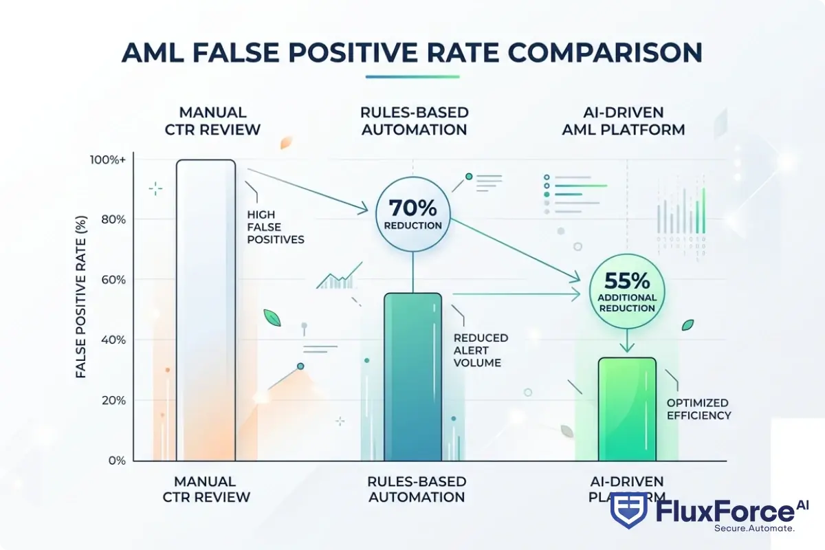 Bar chart comparing false positive rates across manual CTR review, rules-based automation, and AI-driven AML platforms, showing percentage reduction at each stage