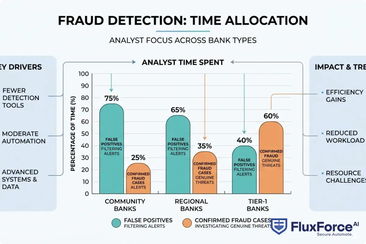 Bar chart comparing percentage of analyst time spent on false positives versus confirmed fraud cases across community banks, regional banks, and tier-1 banks