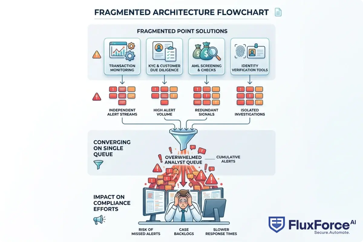 Flowchart showing fragmented point solution architecture with separate transaction monitoring, KYC, AML, and identity tools each generating independent alert streams that converge on a single overwhelmed analyst queue