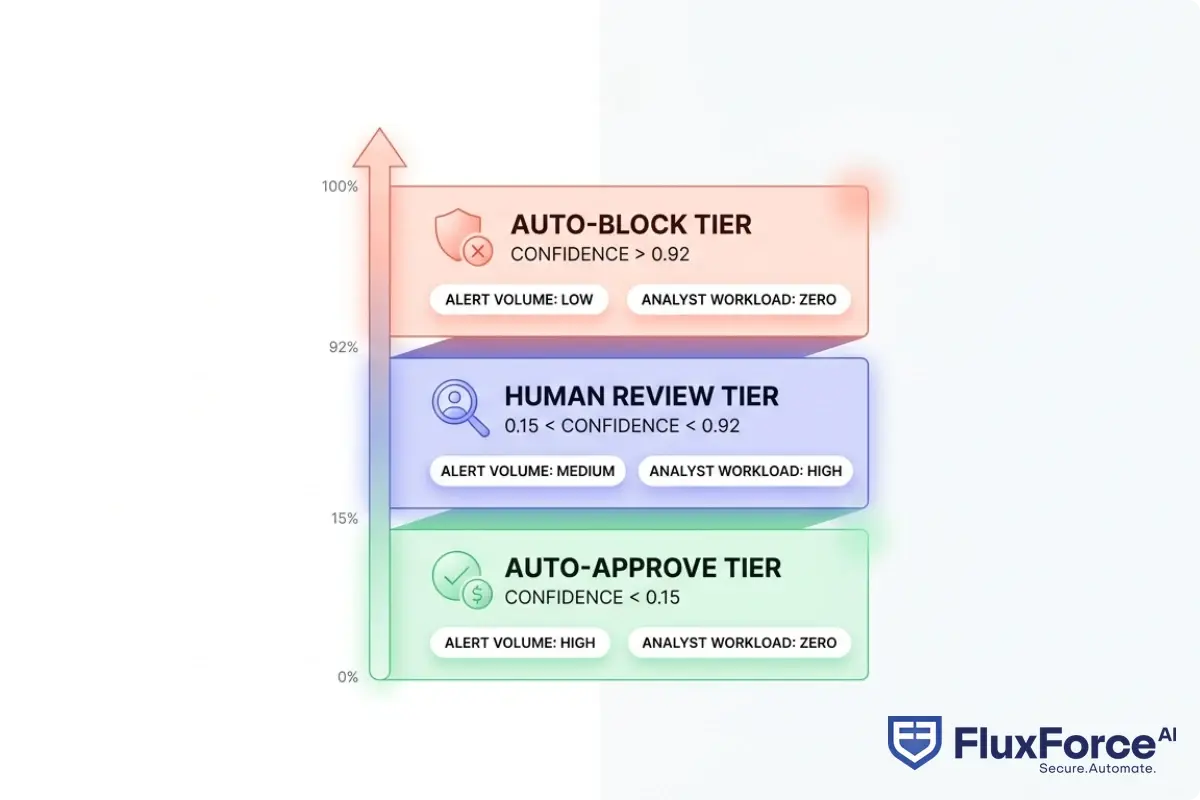 Tiered autonomy model showing three confidence bands for AI fraud decisions: auto-block tier above 0.92 confidence, human review tier between 0.15 and 0.92, and auto-approve tier below 0.15, with expected alert volume and analyst workload at each tier