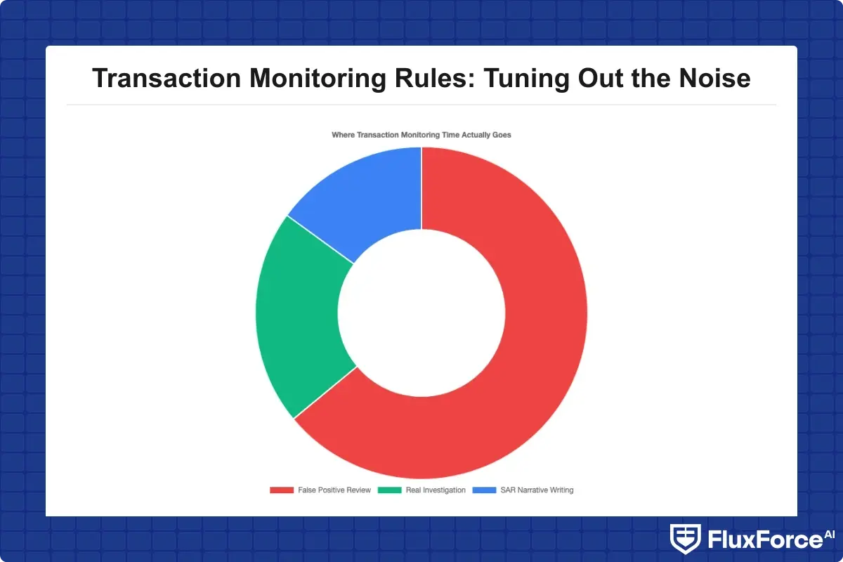 Where compliance team time goes across false positive review vs real investigation vs SAR narrative writing