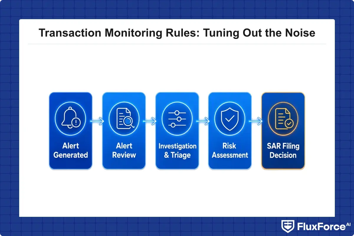 Transaction monitoring rule lifecycle from alert generation to SAR filing decision
