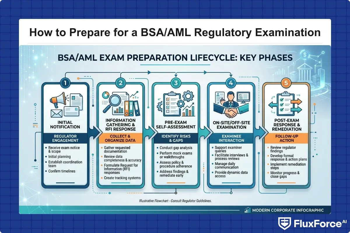 Flowchart showing BSA/AML exam preparation lifecycle from initial notification through post-exam response across five key phases