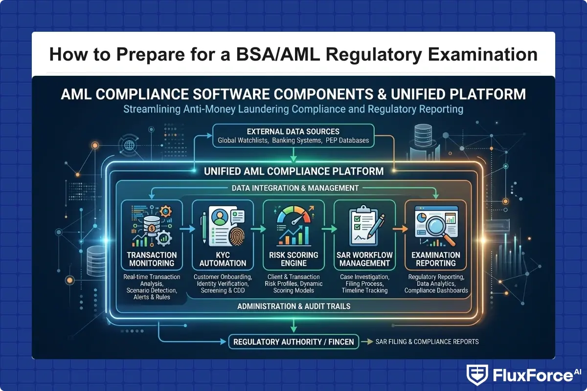 Architecture diagram showing aml compliance software components including transaction monitoring, SAR workflow management, KYC automation, risk scoring engine, and examination reporting connected in a unified compliance platform