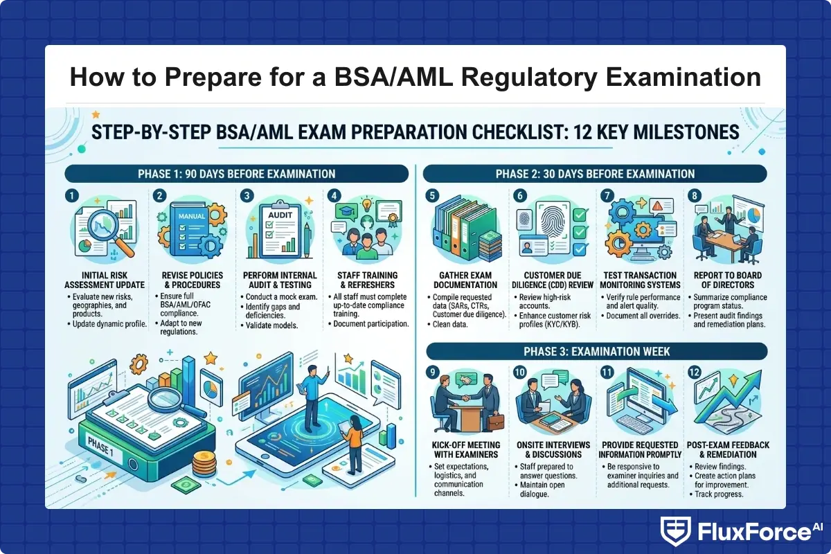 Step-by-step BSA/AML exam preparation checklist infographic showing 12 key milestones across three phases: 90 days before examination, 30 days before, and examination week