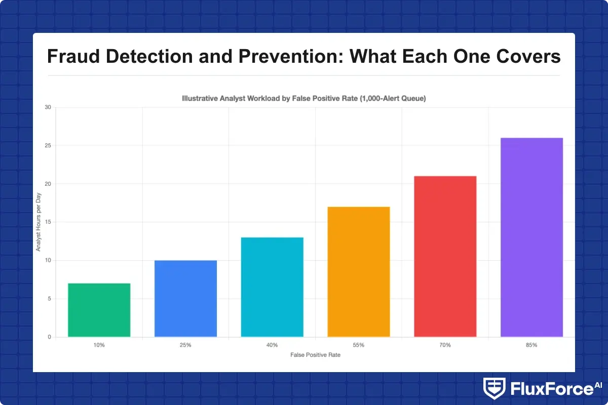 Illustrative analyst hours per day at different false positive rates for a 1,000-alert queue