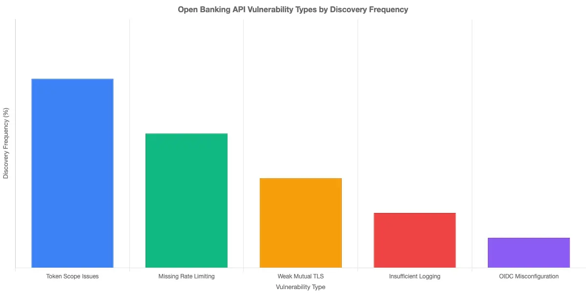 Bar chart showing open banking API vulnerability types by discovery frequency: token scope issues (38%), missing rate limiting (27%), weak mutual TLS (18%), insufficient logging (11%), OIDC misconfiguration (6%)