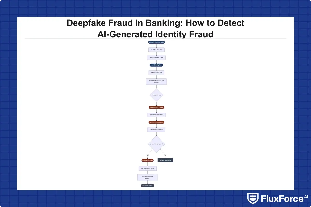 Timeline flowchart showing how synthetic identity fraud and deepfake technology combine in a bust-out fraud scheme: fabrication of synthetic identity with mixed real and fake data, credit-building phase over 6 to 18 months, re-verification trigger from unusual activity flag, deepfake presentation to pass liveness check, bust-out fund transfer to mule accounts