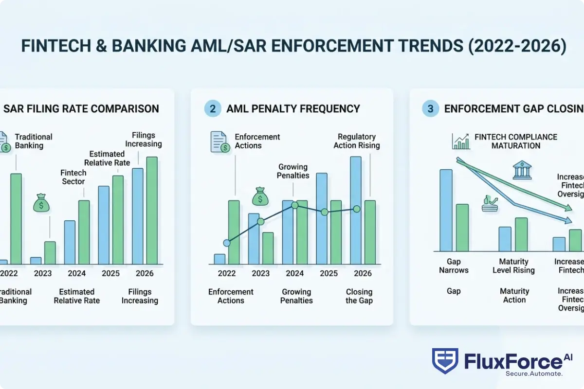 Bar chart comparing SAR filing rates and AML penalty frequencies across fintech versus traditional banking sectors from 2022 through 2026, showing fintech enforcement gap closing